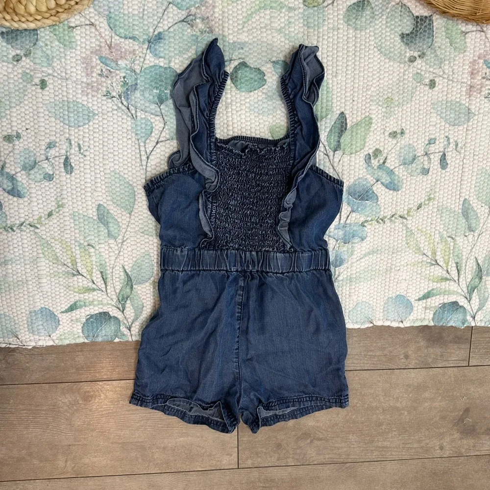 Vintage OshKosh B'gosh Toddler Girl Blue Denim Sleeveless Ruffle Smocked Romper